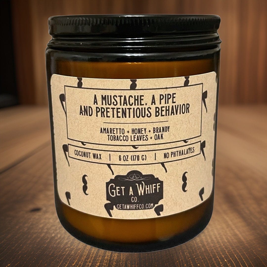 Whiskey Tobacco Crackling Wooden Wick Scented Candle Made With Coconut Wax In Amber Jar (A Mustache, A Pipe & Pretentious Behavior)