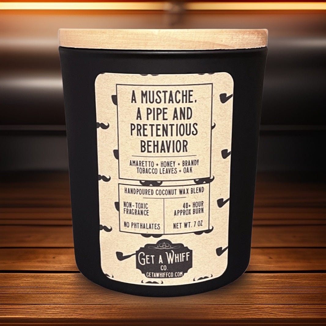 Whiskey Tobacco Crackling Wooden Wick Scented Candle Made With Coconut Wax (A Mustache, A Pipe & Pretentious Behavior)