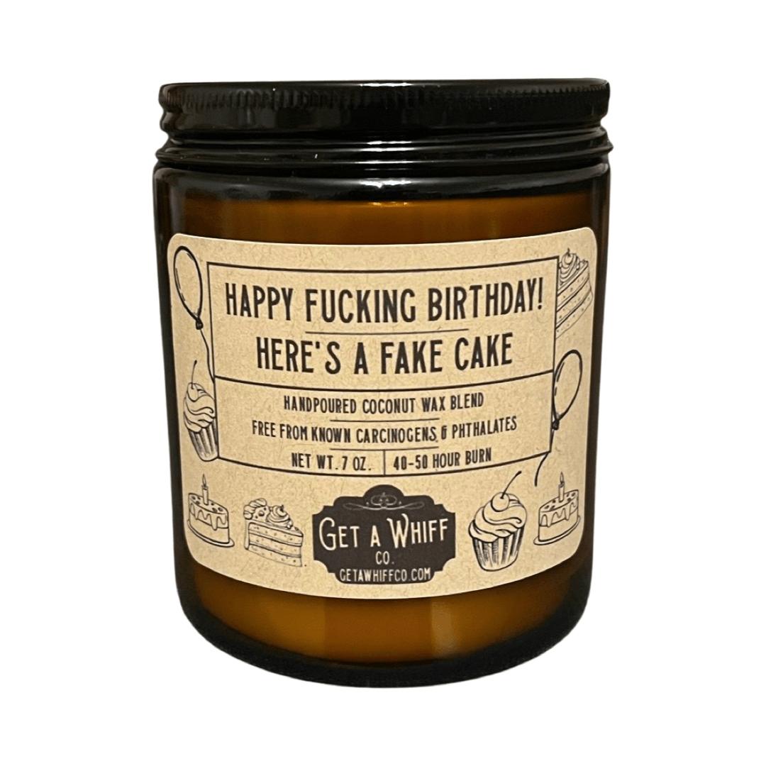 Vanilla Birthday Cake Crackling Wooden Wick Scented Candle Made With Coconut Wax In Amber Jar (Happy F*cking Birthday, Here's A Fake Cake)