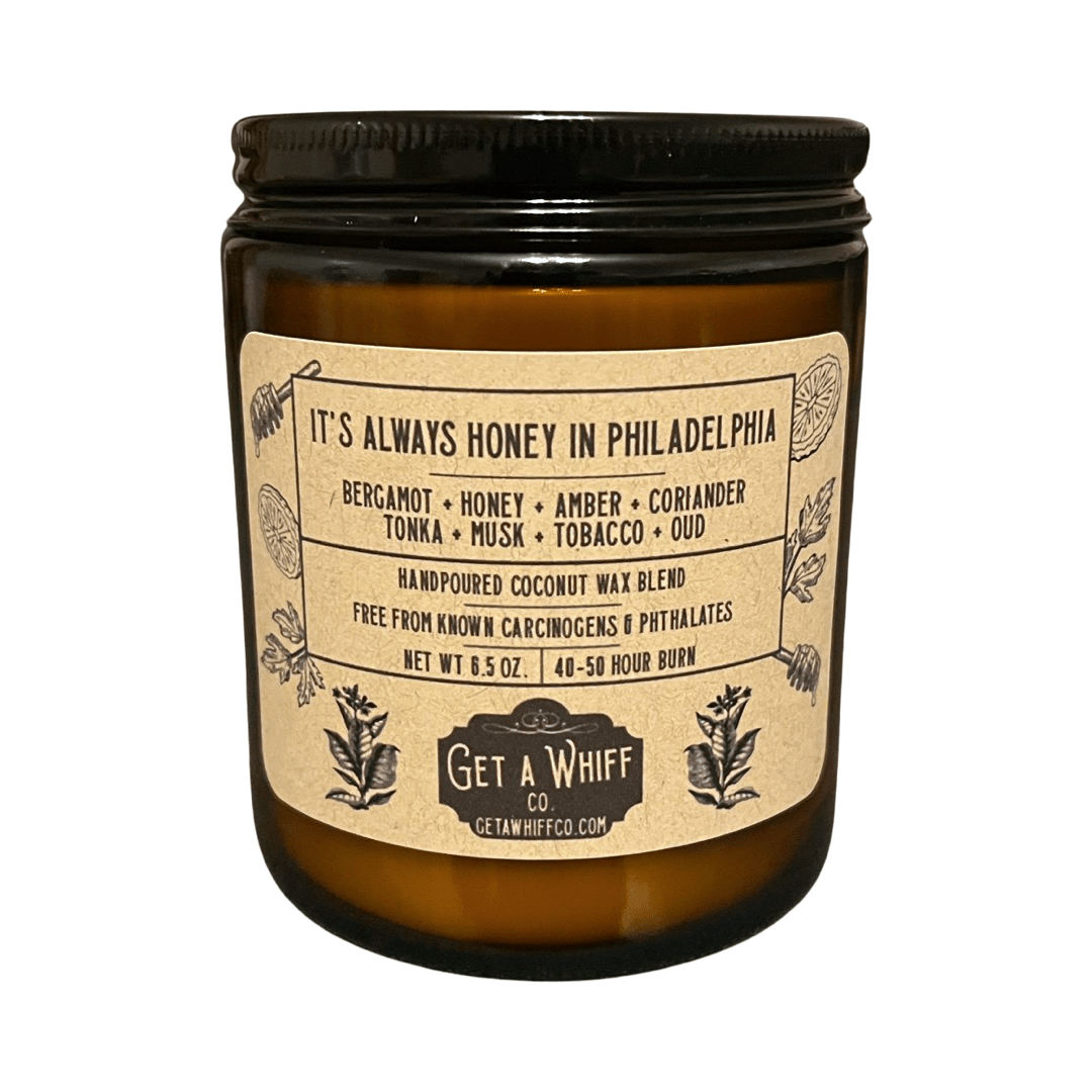 Tobacco & Honey Crackling Wooden Wick Scented Candle Made With Coconut Wax In Amber Jar (It's Always Honey In Philadelphia)