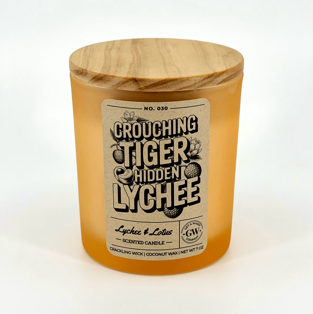 Candle with wooden lid and label on a white background