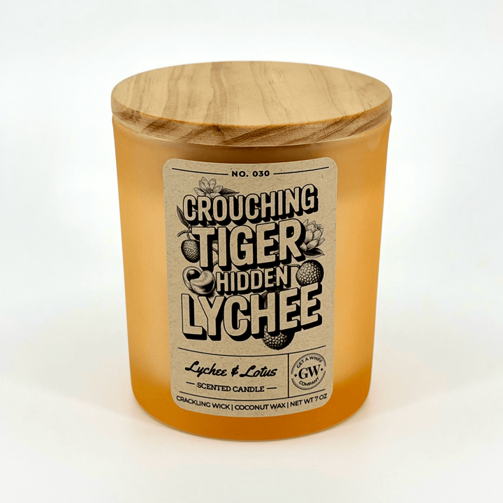 Candle with wooden lid and label on a white background