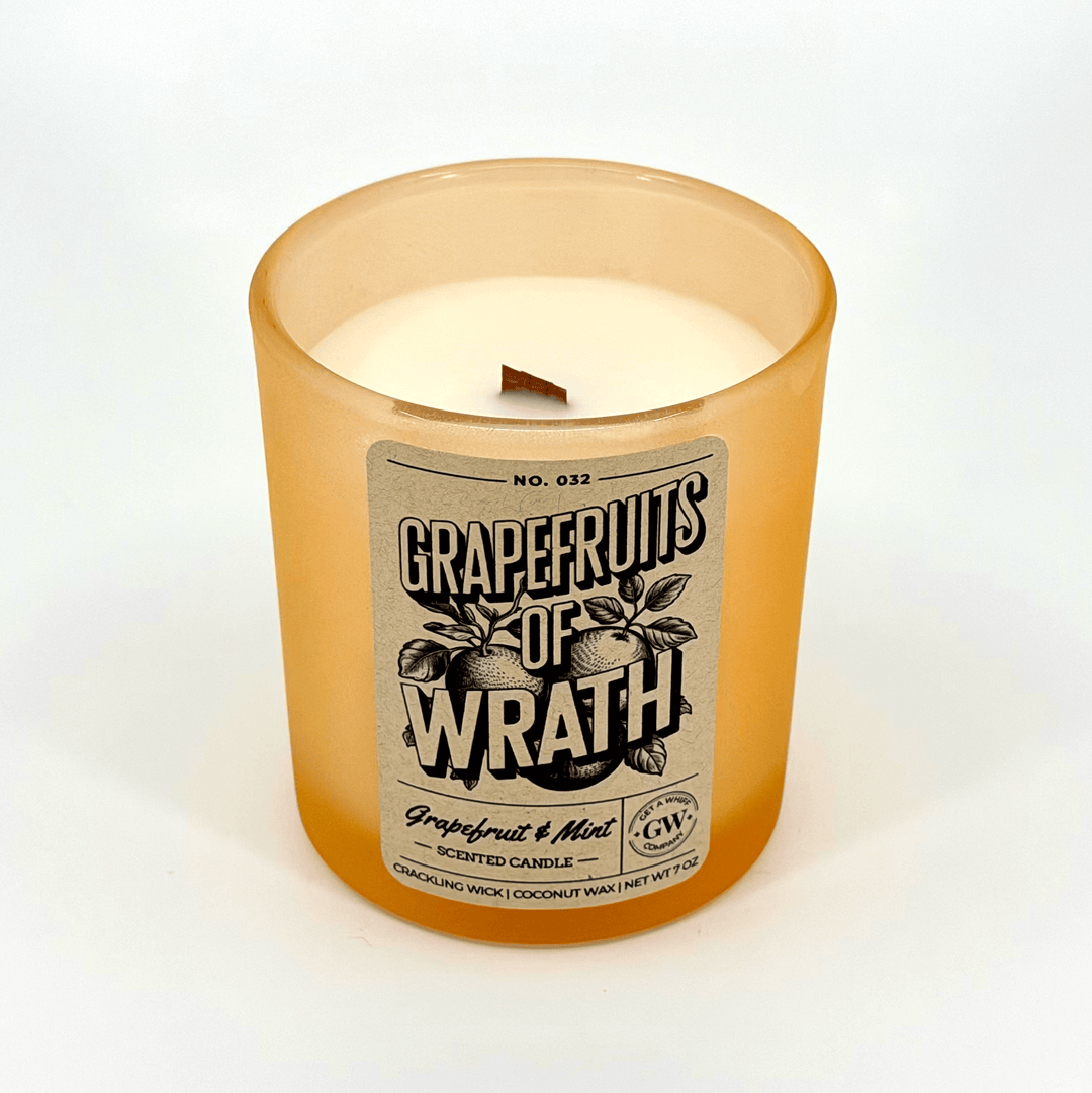Grapefruits of Wrath scented candle with a label on a white background