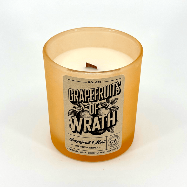Grapefruits of Wrath scented candle with a label on a white background
