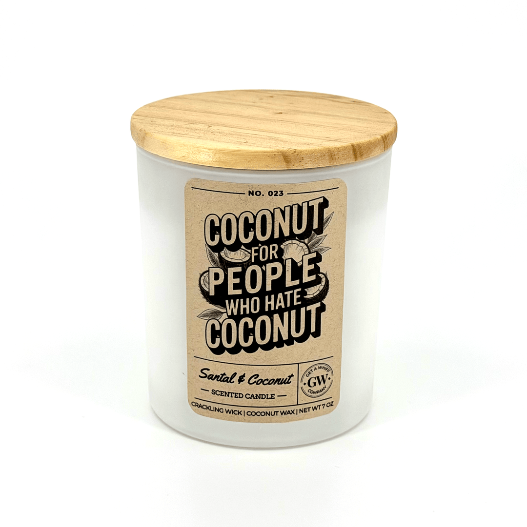 Candle jar with wooden lid and label on a white background