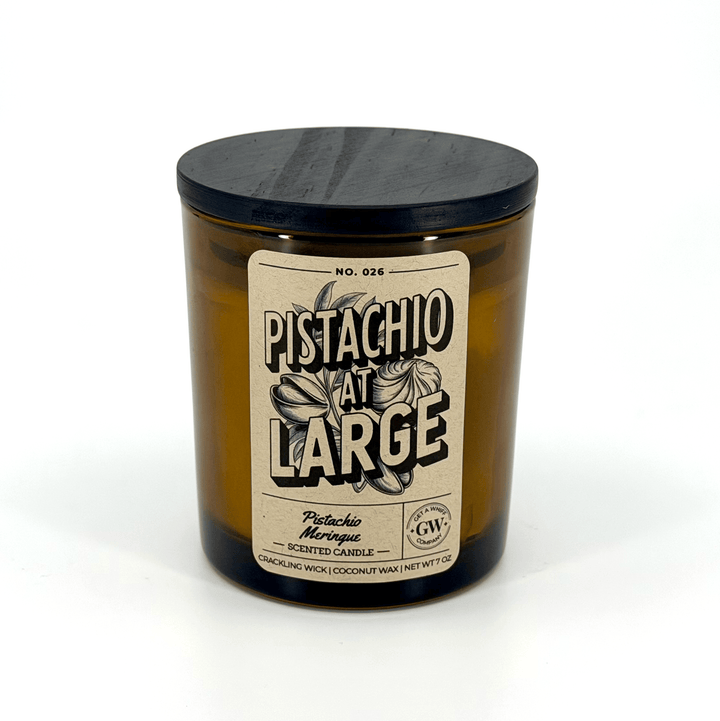 Pistachio scented candle with a label on a white background