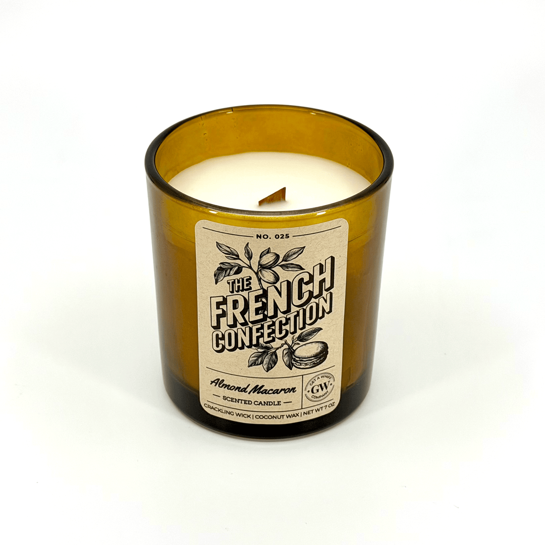 Candle in a glass jar with a label on a white background