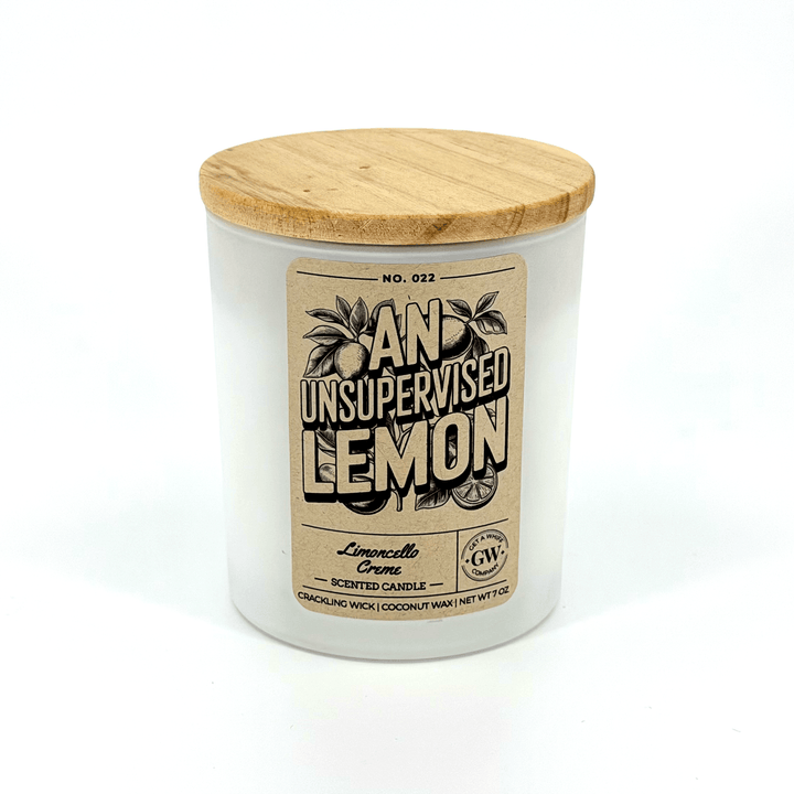 Candle with wooden lid and label on a white background
