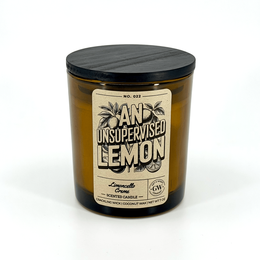Candle jar with a label on a white background