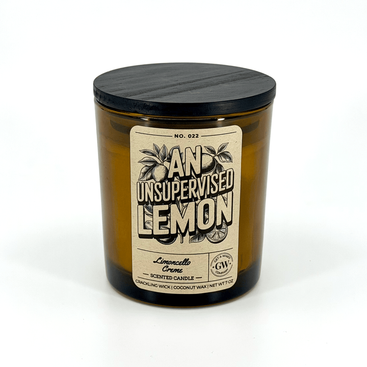 Candle jar with a label on a white background