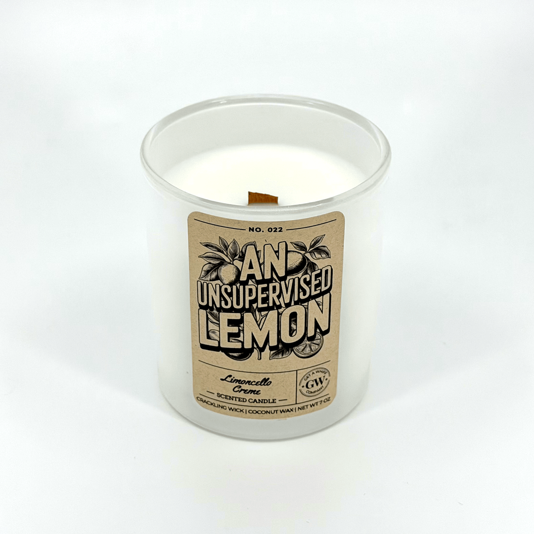 Candle in a white container with a brown label on a white background