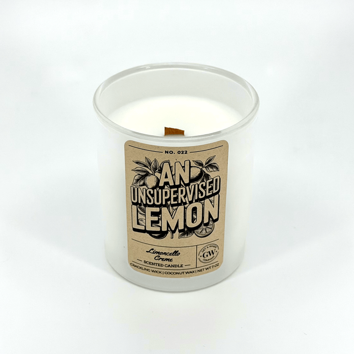 Candle in a white container with a brown label on a white background