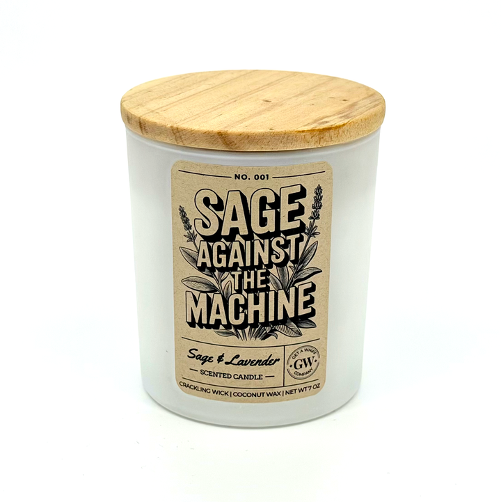 Scented candle with wooden lid labeled &