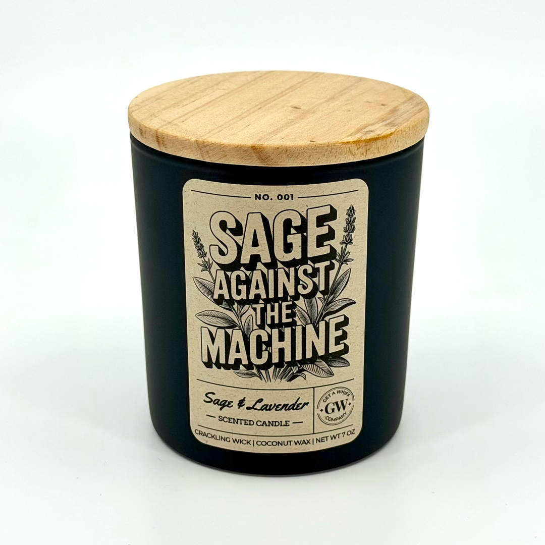Scented candle with wooden lid labeled &