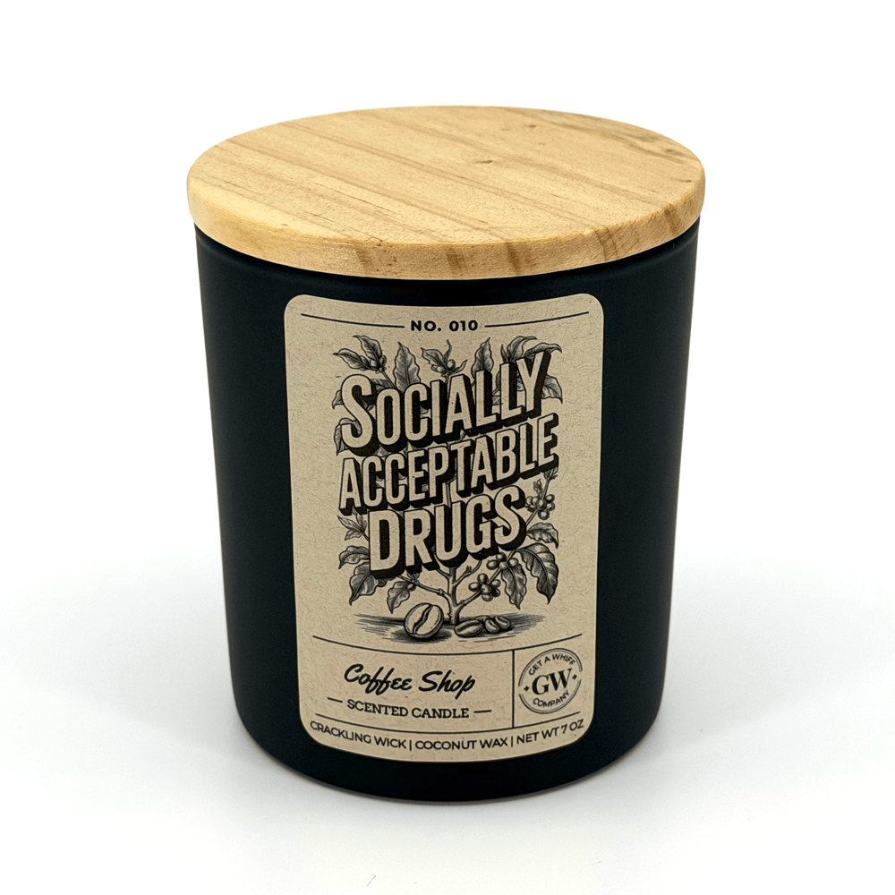 Black candle with a wooden lid and 'Socially Acceptable Drugs' label on a white background