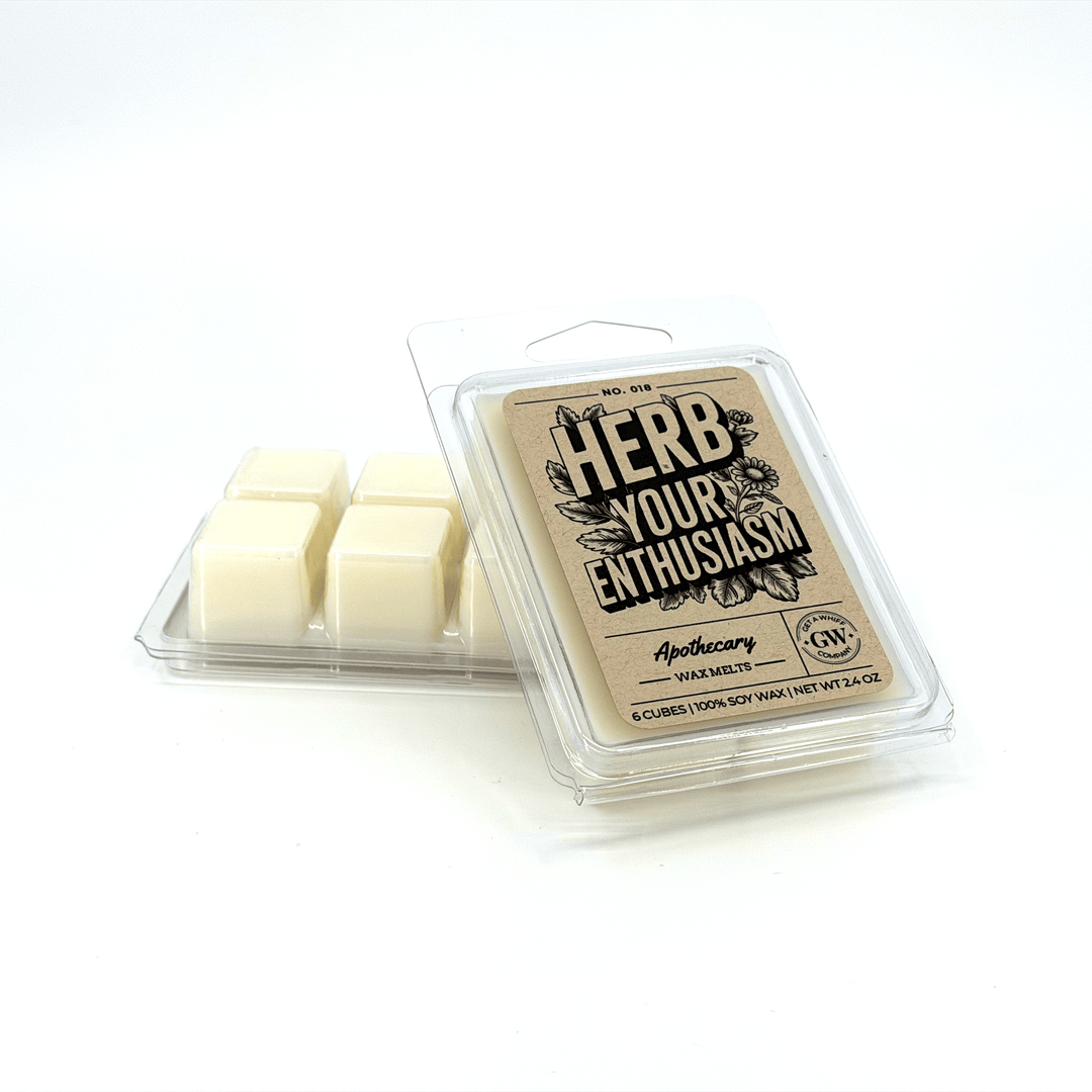 Pack of wax melts with 'Herb Your Enthusiasm' branding on a white background