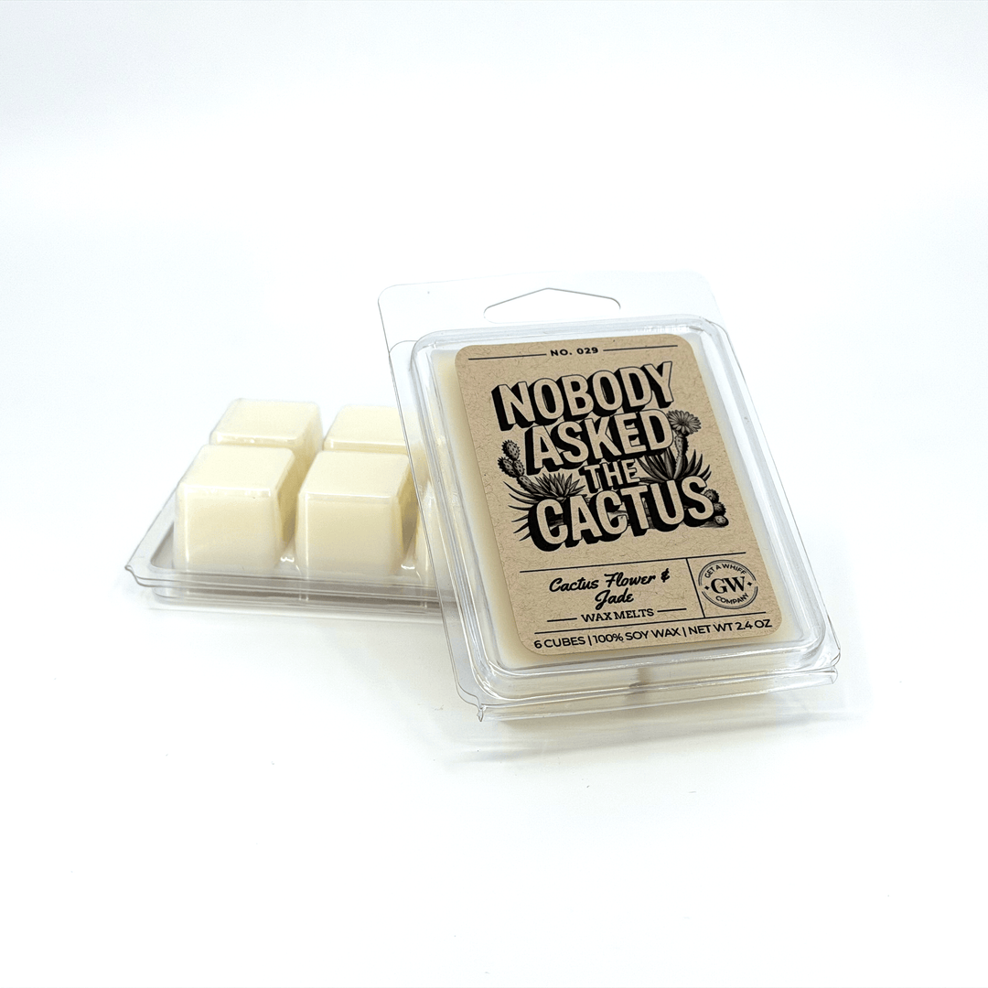 Wax melts in a clear plastic packaging with a branded label on a white background