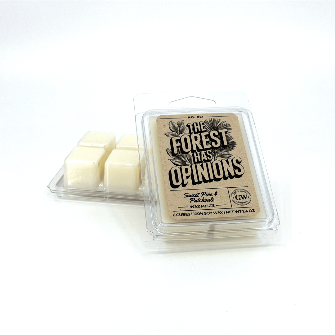 Packaged wax melts with 'The Forest Has Opinions' label on a white background