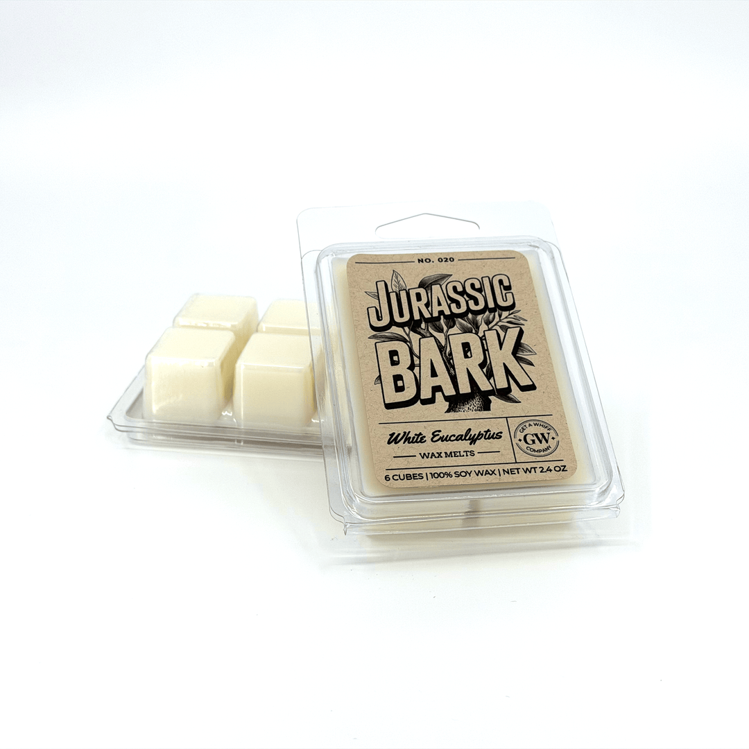 Packaged wax melts with 'Jurassic Bark' branding on a white background