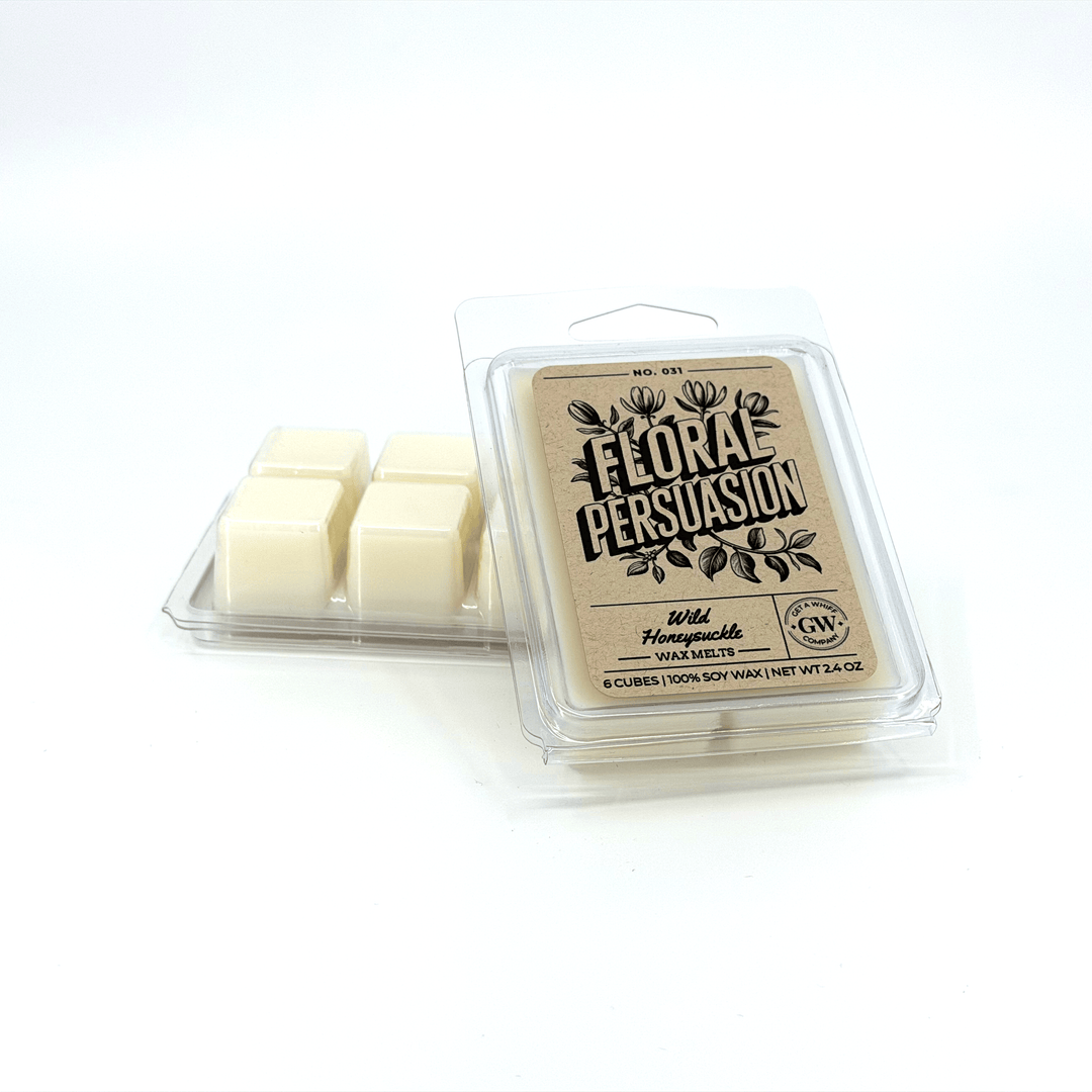 Pack of wax melts with 'Floral Persuasion' packaging on a white background