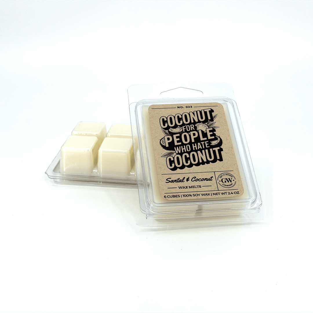 Packaged wax melts with a humorous label on a white background