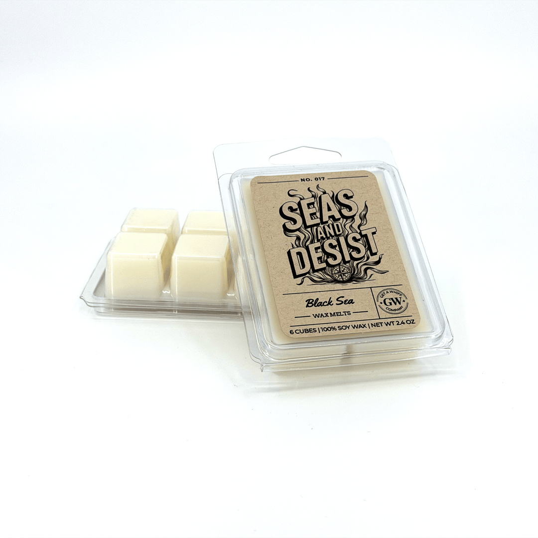 Packaged wax melts with 'Seas And Desist' branding on a white background