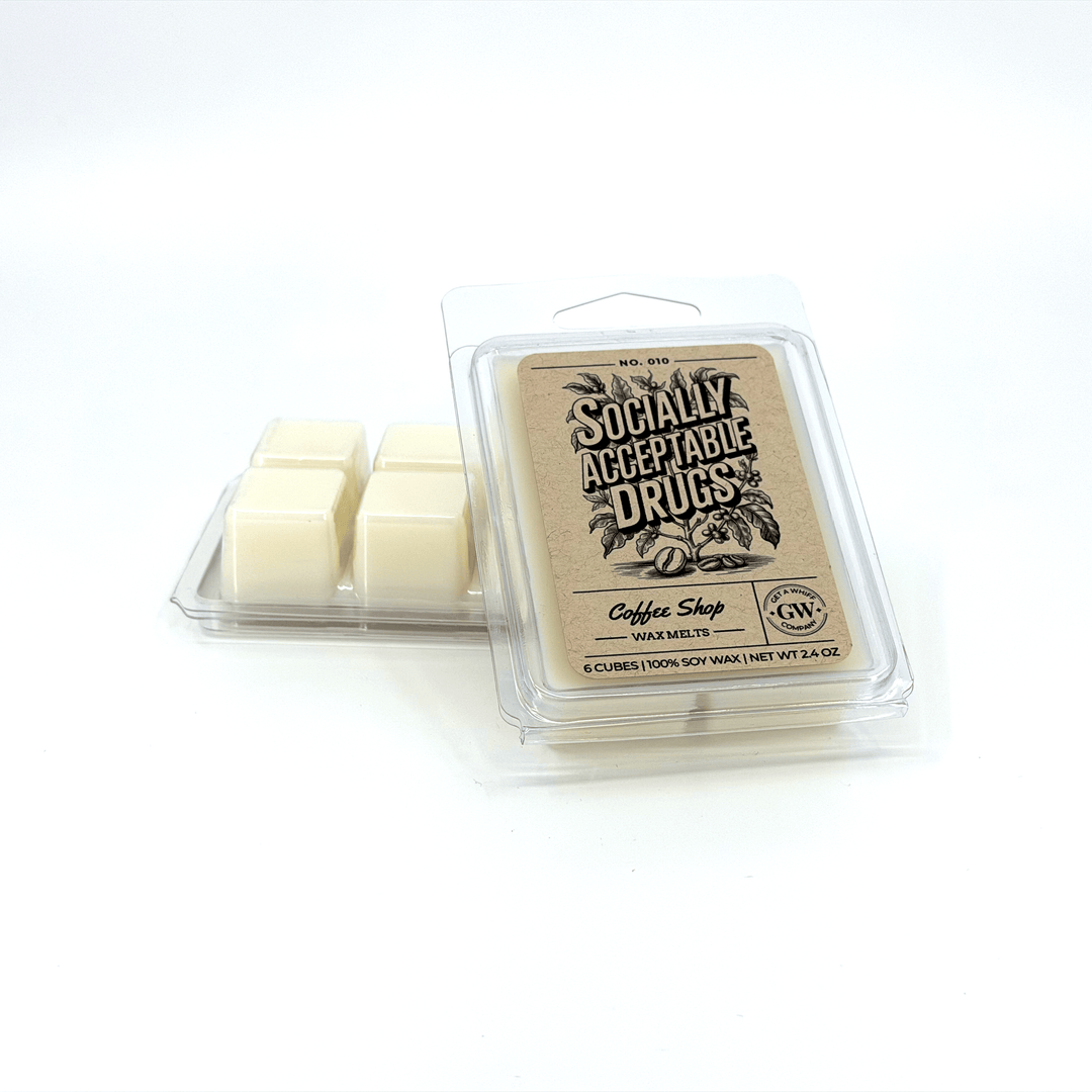 Packaged wax melts with a label on a white background