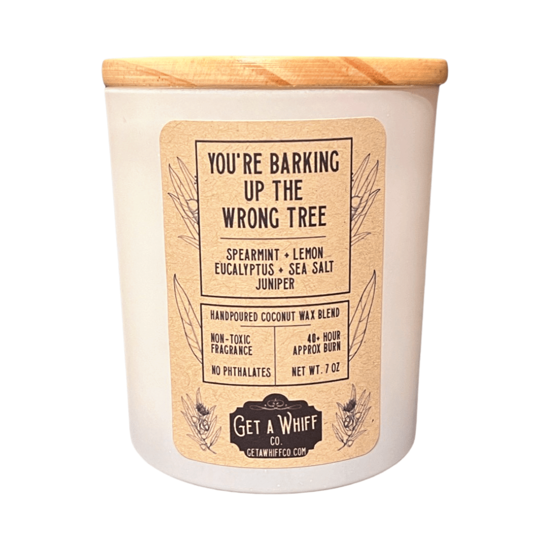 Eucalyptus Crackling Wooden Wick Scented Candle Made With Coconut Wax (You're Barking Up The Wrong Tree)