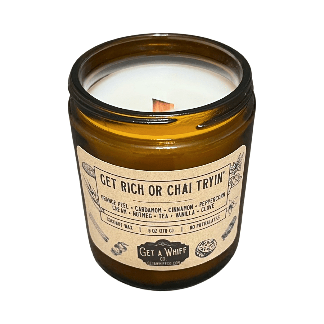 Cinnamon Chai Crackling Wooden Wick Scented Candle Made With Coconut Wax In Amber Jar (Get Rich Or Chai Tryin')