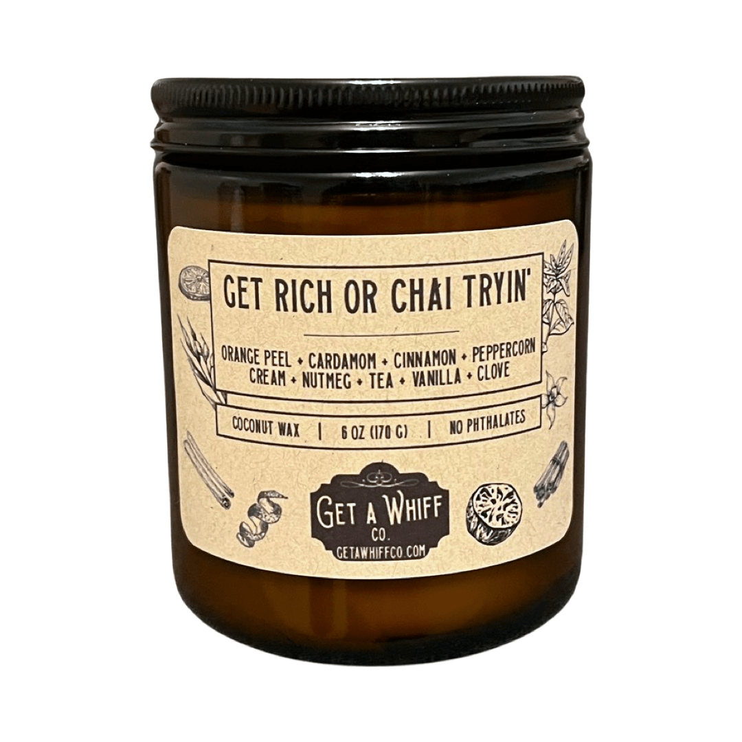 Cinnamon Chai Crackling Wooden Wick Scented Candle Made With Coconut Wax In Amber Jar (Get Rich Or Chai Tryin')