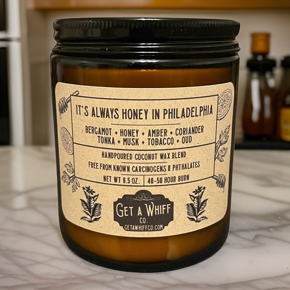 Tobacco & Honey Crackling Wooden Wick Scented Candle Made With Coconut Wax In Amber Jar (It's Always Honey In Philadelphia)