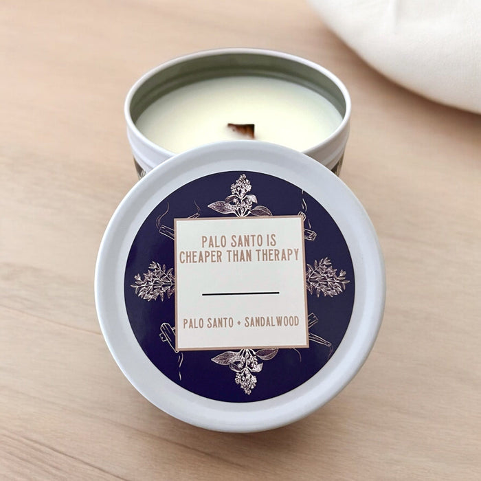 Palo Santo & Sandalwood Tin Candle (Palo Santo Is Cheaper Than Therapy)