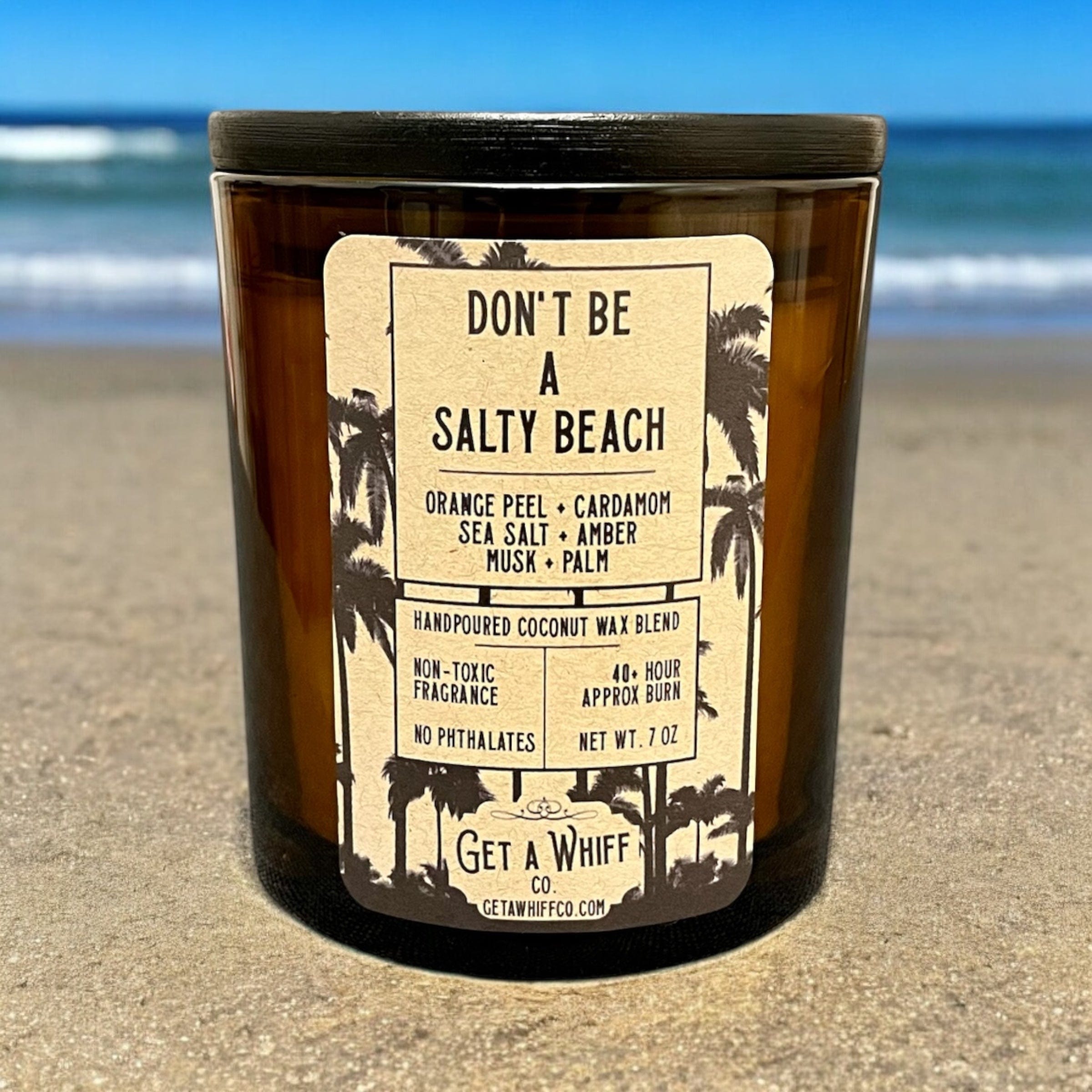 Sea Salt & Cardamom Crackling Wooden Wick Scented Candle Made With Coconut Wax In Amber Jar (Don't Be A Salty Beach)