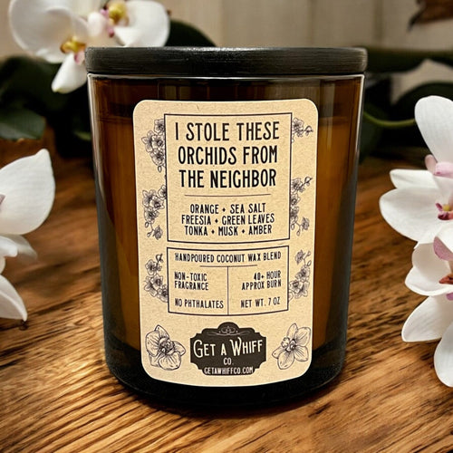 Sea Salt & Freesia Crackling Wooden Wick Scented Candle Made With Coconut Wax In Amber Jar (I Stole These Orchids From The Neighbor)