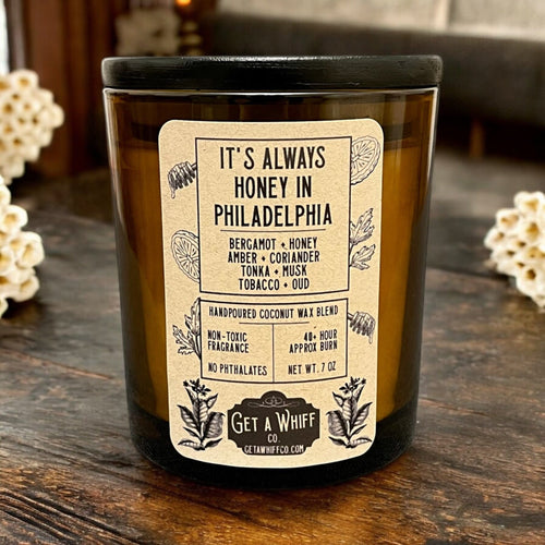 Tobacco & Honey Crackling Wooden Wick Scented Candle Made With Coconut Wax In Amber Jar (It's Always Honey In Philadelphia)