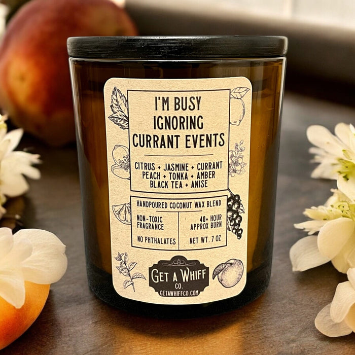 Peach & Jasmine Crackling Wooden Wick Scented Candle Made With Coconut Wax In Amber Jar (I'm Busy Ignoring Currant Events)