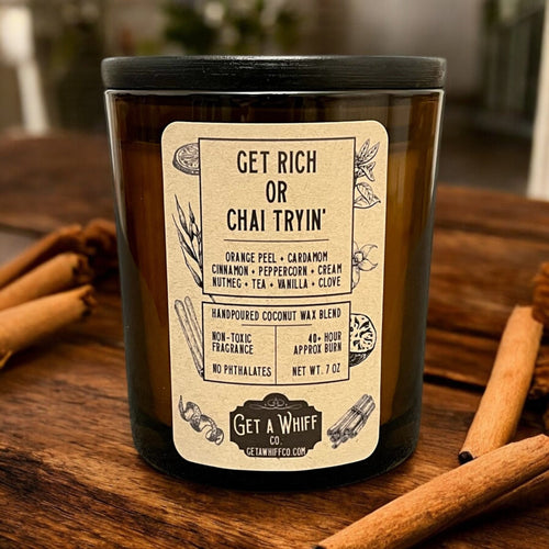 Cinnamon Chai Crackling Wooden Wick Scented Candle Made With Coconut Wax In Amber Jar (Get Rich Or Chai Tryin')