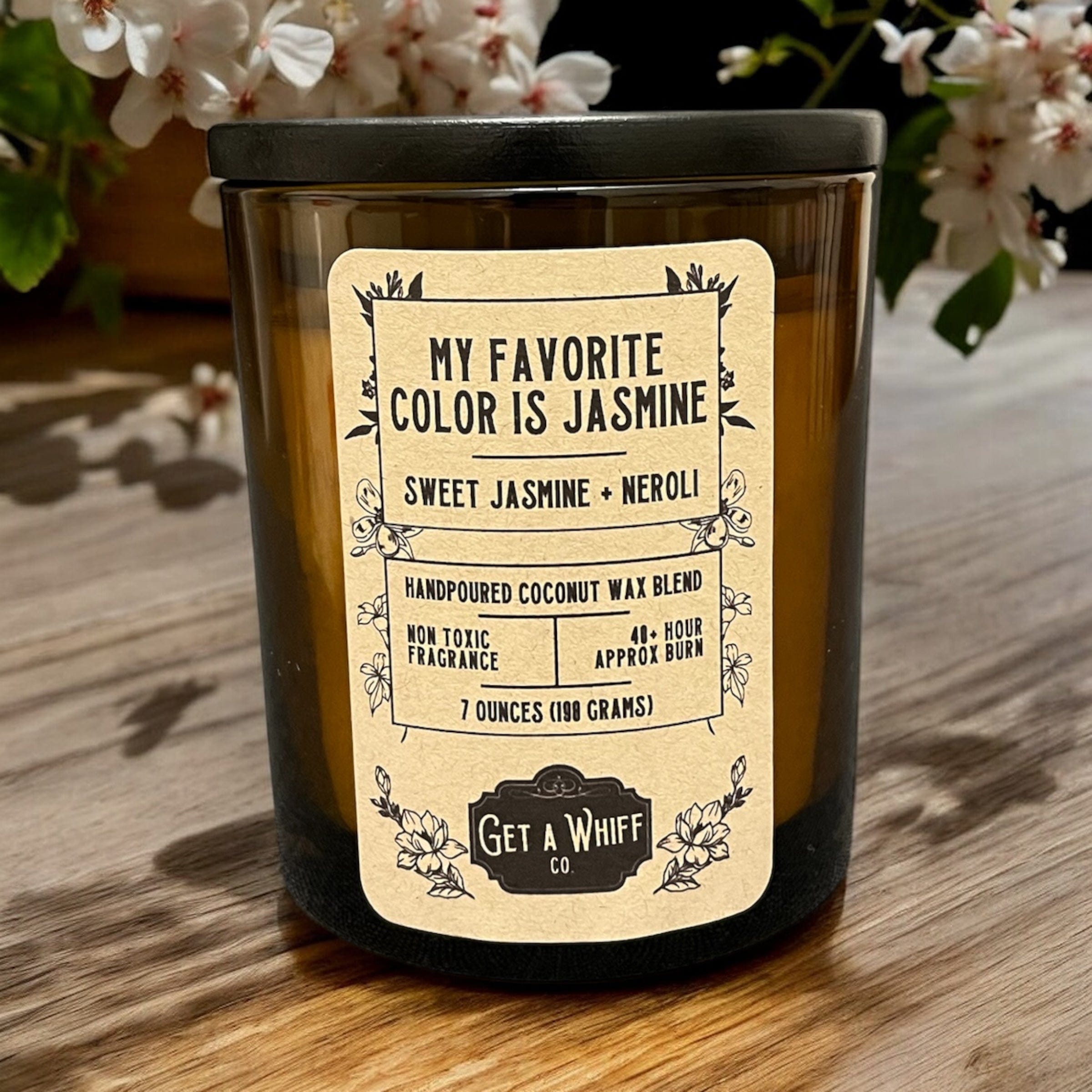 Sweet Jasmine & Neroli Crackling Wooden Wick Scented Candle Made With Coconut Wax In Amber Jar (Jasmine Is My Favorite Color)