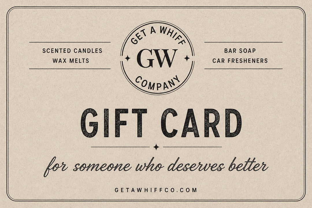Gift card from Get a Whiff Company with text and logo on a beige background
