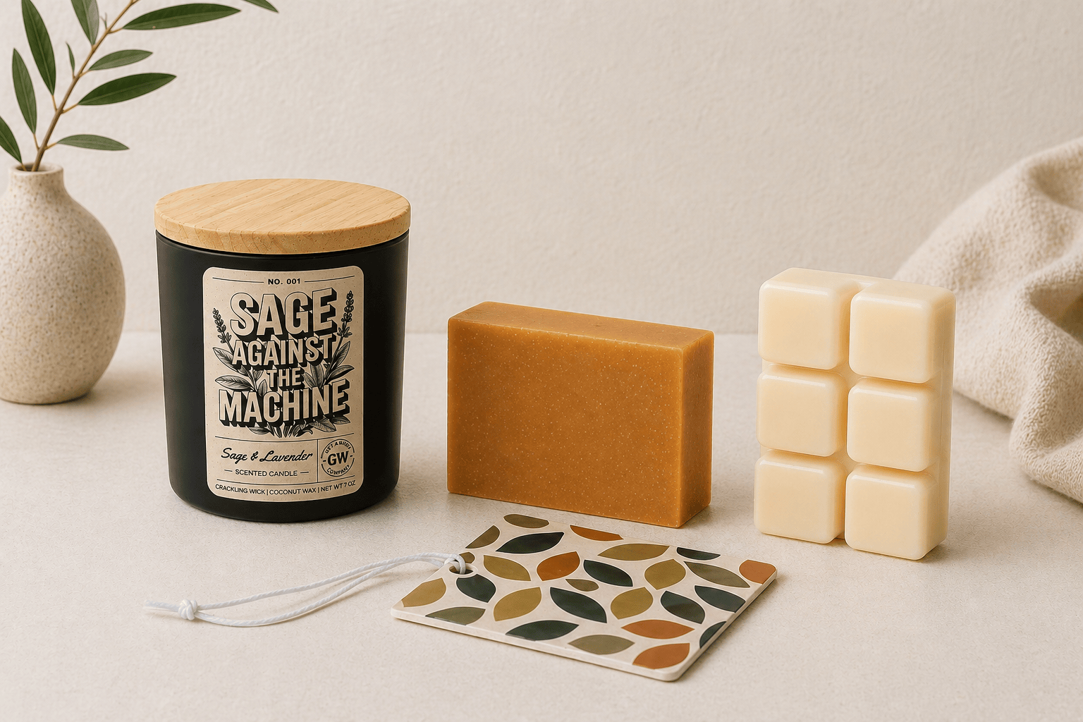 Candle, soap bar, wax melts, and a plant on a light surface.