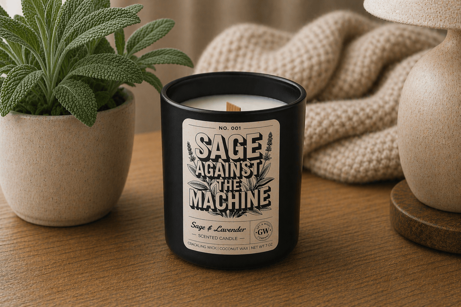 Candle labeled 'Sage Against the Machine' on a wooden surface with a plant and lamp in the background.