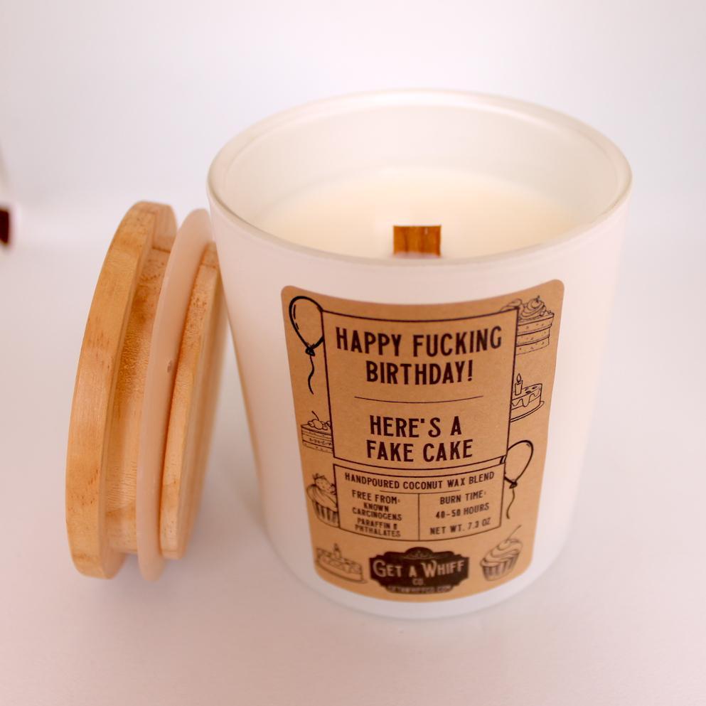 Vanilla Birthday Cake Crackling Wooden Wick Scented Candle Made With Coconut Wax (Happy F*cking Birthday, Here's A Fake Cake)