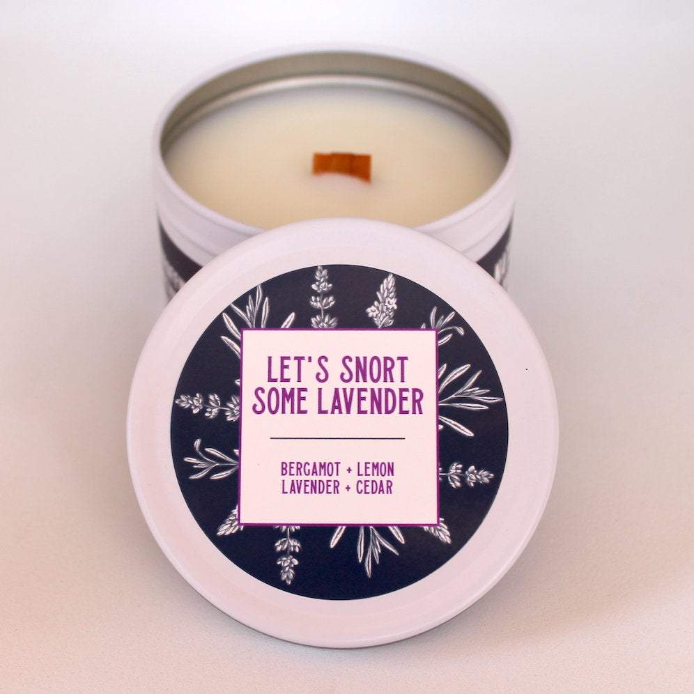 Lavender Candle | Crackling Candle | Coconut Wax Candle | Tin Candle | Mini Candle | Let's Snort Some Lavender | 5.5 Oz | 30-40 Hours - Get a Whiff Co.