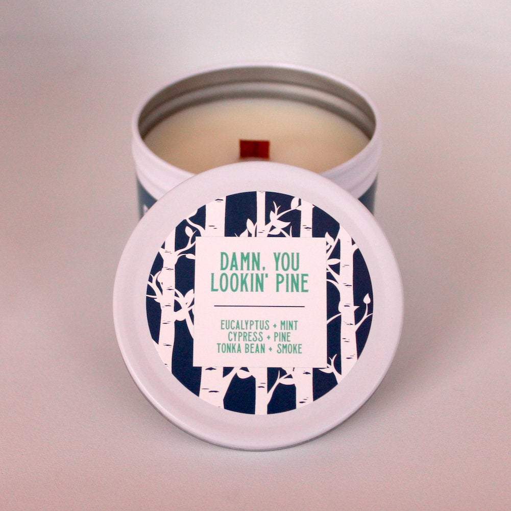 Wood Scented Candle | Pine Candle | Crackling Candle | Coconut Wax Candle | Tin Candle | Mini Candle | Damn, You Lookin' Pine | 5.5 Oz - Get a Whiff Co.