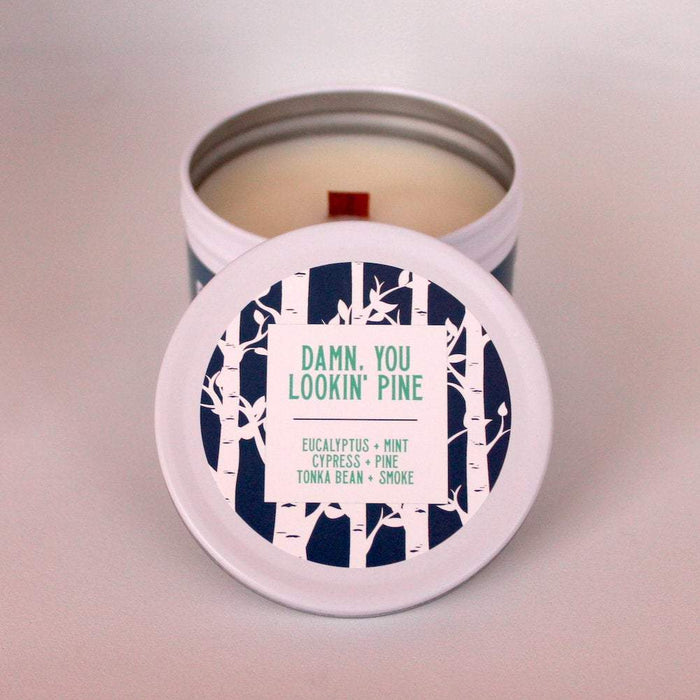 Wood Scented Candle | Pine Candle | Crackling Candle | Coconut Wax Candle | Tin Candle | Mini Candle | Damn, You Lookin' Pine | 5.5 Oz - Get a Whiff Co.