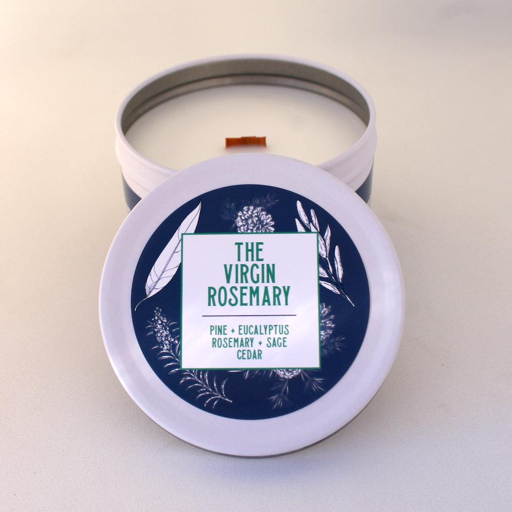 Rosemary Candle | Pine Candle | Crackling Candle | Coconut Wax Candle | Tin Candle | Mini Candle | The Virgin Rosemary | 5.5 Oz - Get a Whiff Co.