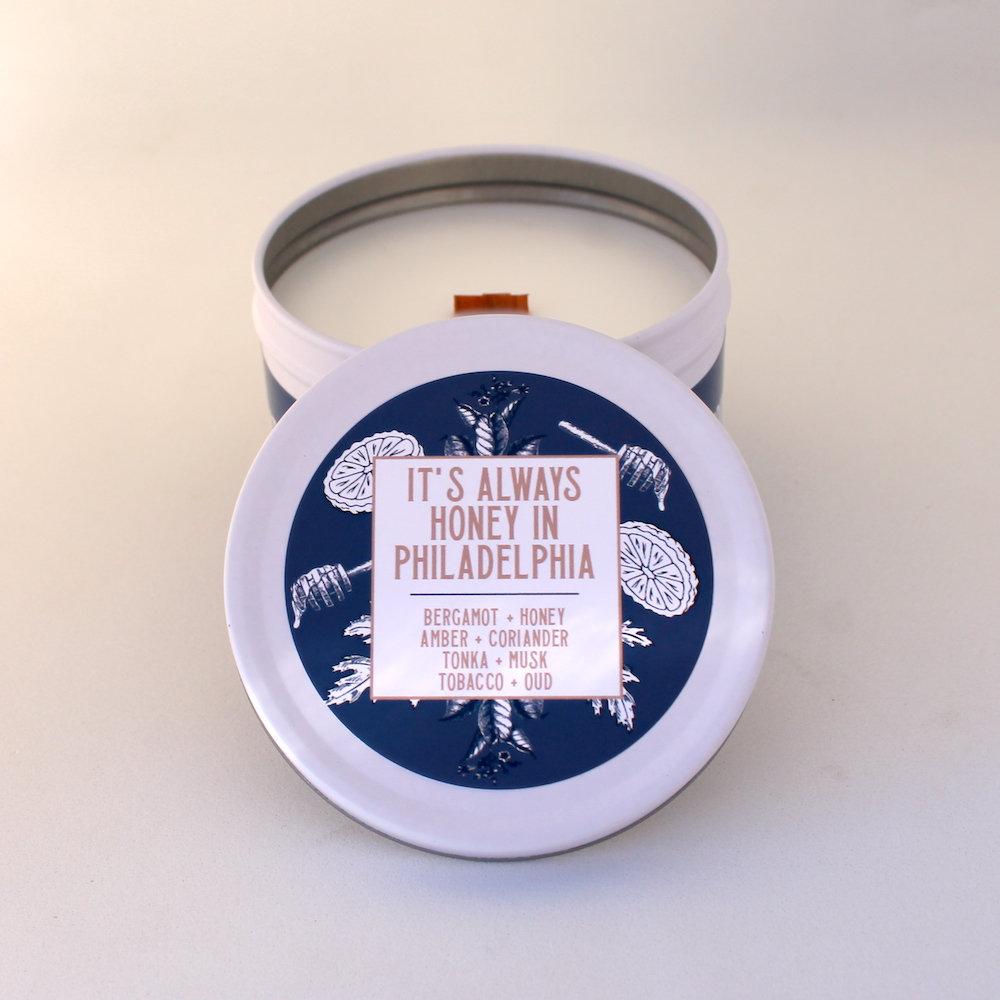 Tobacco Candle | Sweet Scented Candle | Crackling Candle | Coconut Wax Candle | Tin Candle | Mini Candle | Honey In Philadelphia | 5.5 Oz - Get a Whiff Co.