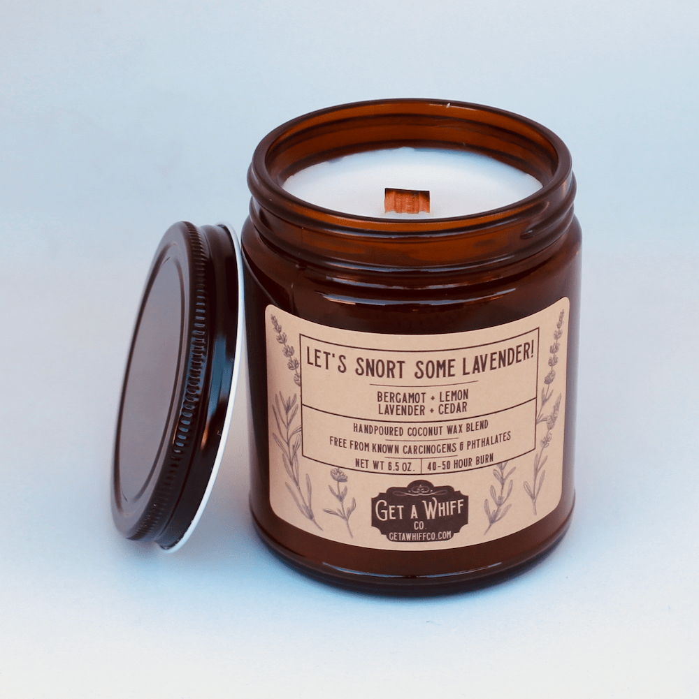 Citrus & Lavender Crackling Wooden Wick Scented Candle Made With Coconut Wax In Amber Jar (Let's Snort Some Lavender)