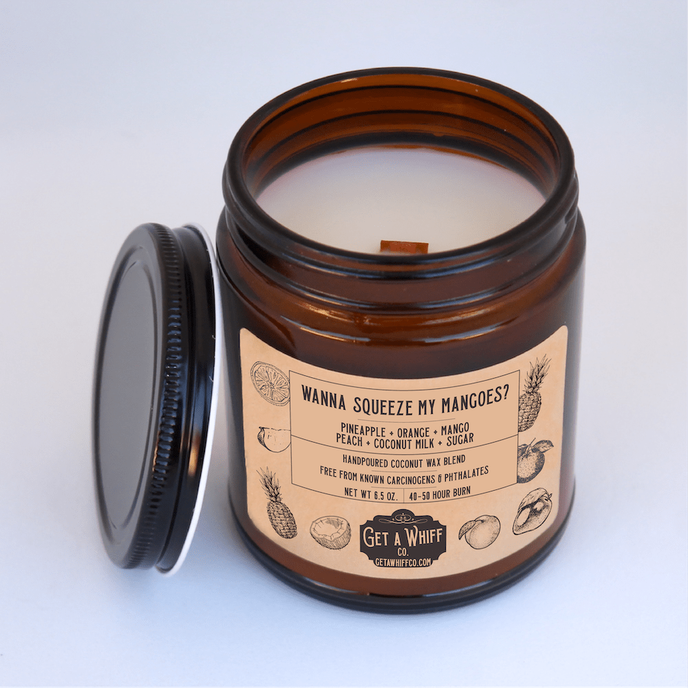 Coconut & Mango Crackling Wooden Wick Scented Candle Made With Coconut Wax In Amber Jar (Wanna Squeeze My Mangoes?)