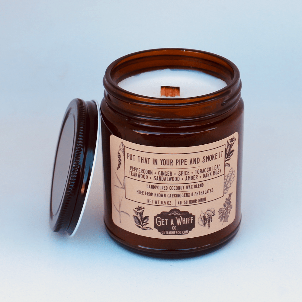 Tobacco & Teakwood Crackling Wooden Wick Scented Candle Made With Coconut Wax In Amber Jar (Put That In Your Pipe And Smoke It)
